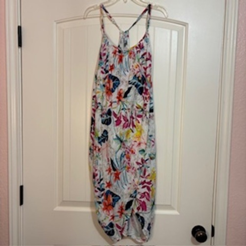 Myrah Womens XL Tropical Floral Racerback Wrap Tulip Hem Viscose Dress White